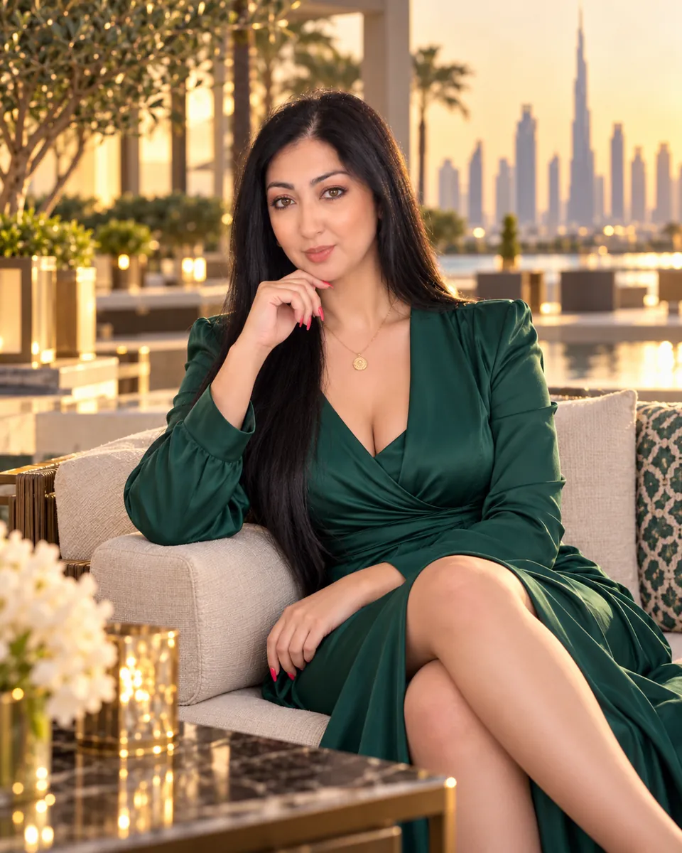 Rimi Azkool on a terrace overlooking the Dubai skyline at sunset